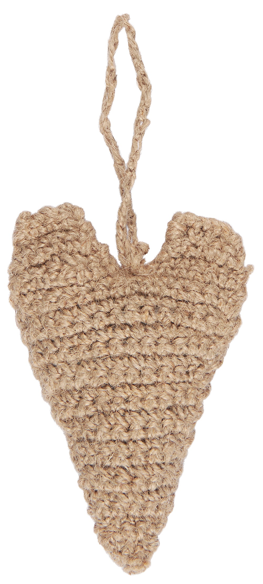 Small crocheted jute hanging heart ornament for Christmas by IB Laursen, featuring rustic crochet details and jute material.