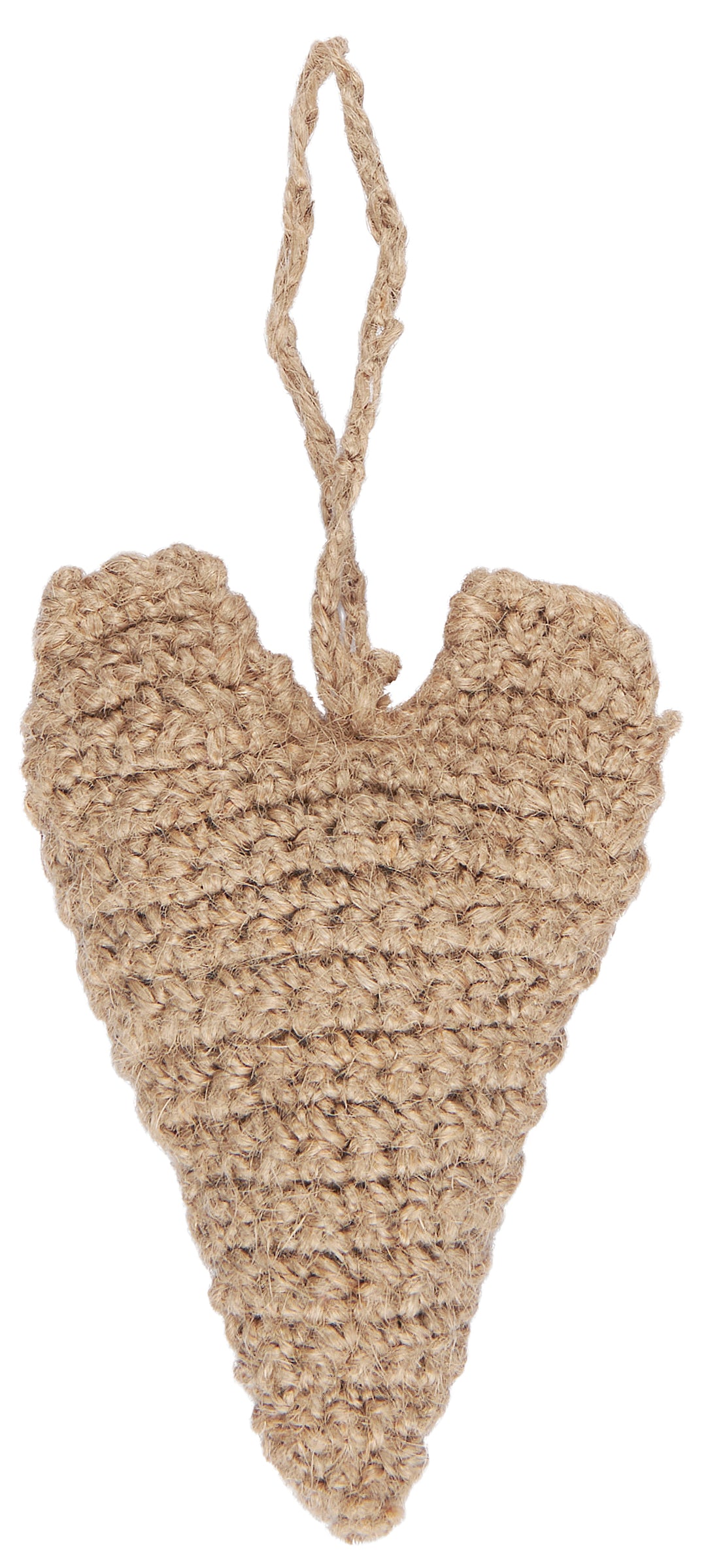 Small crocheted jute hanging heart ornament for Christmas by IB Laursen, featuring rustic crochet details and jute material.
