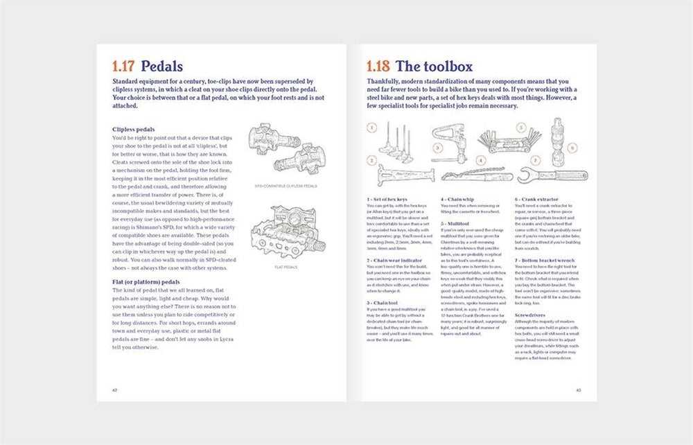 Open book showing step-by-step instructions for building a bike, titled "How To Build A Bike In A Weekend" by Bookspeed.