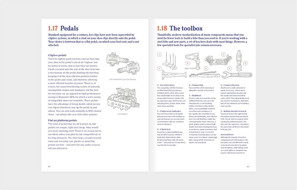 Open book showing step-by-step instructions for building a bike, titled "How To Build A Bike In A Weekend" by Bookspeed.