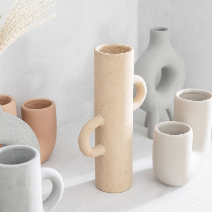 Large Sigga Vase by Cornucopia Home and Gift, oatmeal-colored gallery style ceramic vase with a smooth finish.