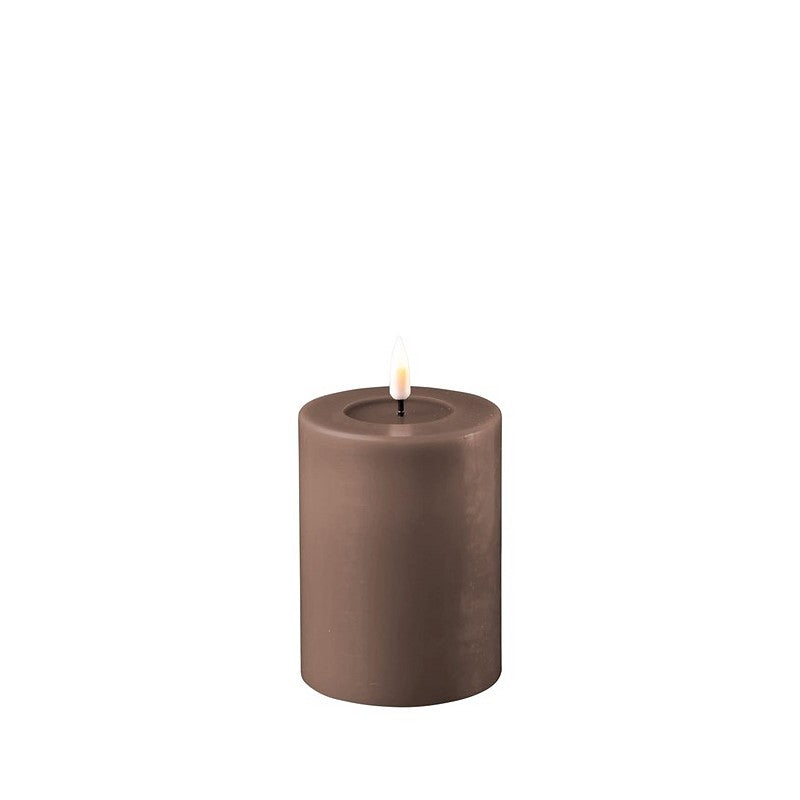 Deluxe Cornucopia Home and Gift Mocca LED Candle D 7.5cm, 10cm tall, with realistic flickering flame in a warm brown finish.