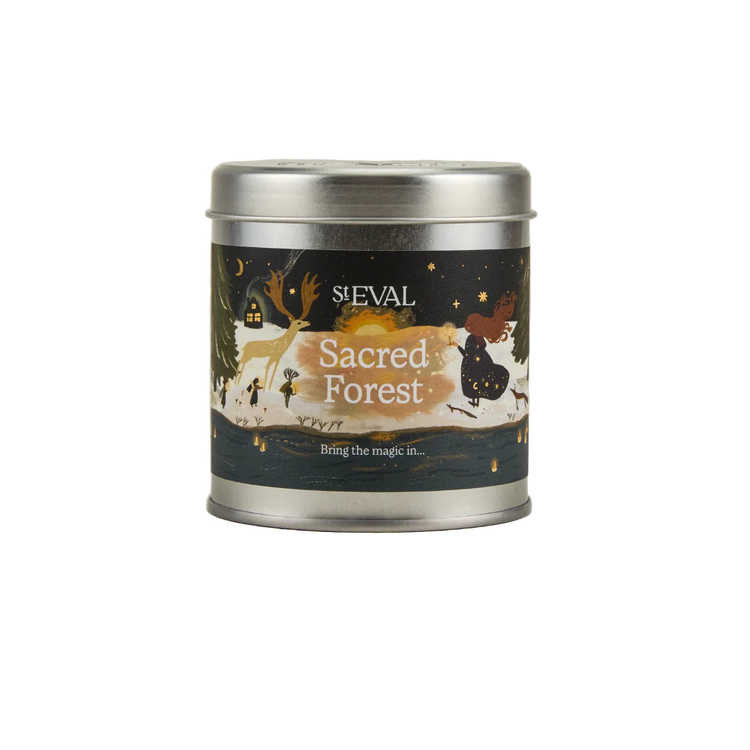 St Eval Christmas Sacred Forest scented tin candle by Cornucopia Home and Gift with festive forest design on a silver tin container