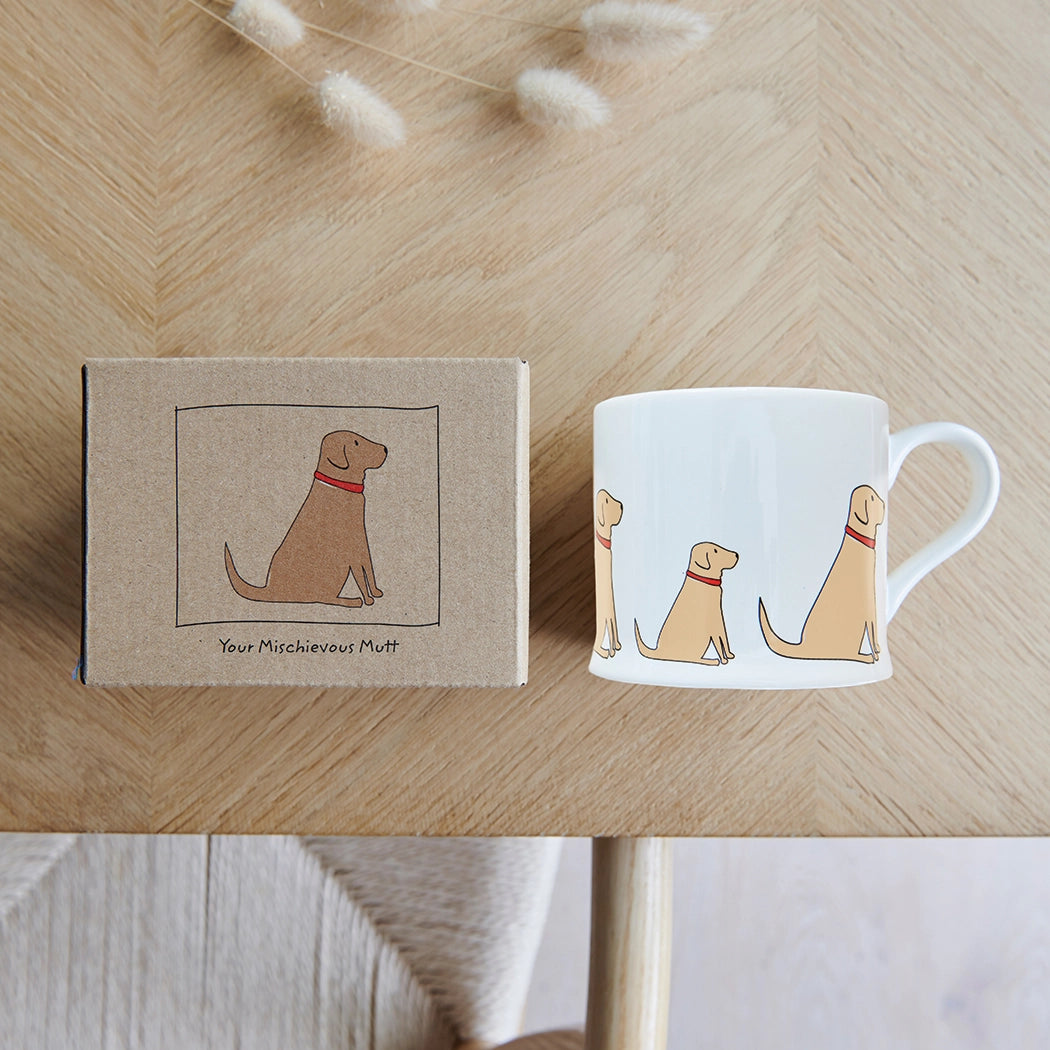 Yellow Labrador dog mug by Sweet William with a cheerful Labrador illustration, perfect for dog lovers and coffee enthusiasts.