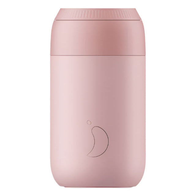 Chilly's Series 2 340ml blush pink coffee cup with a sleek design and stainless steel interior, ideal for hot beverages.