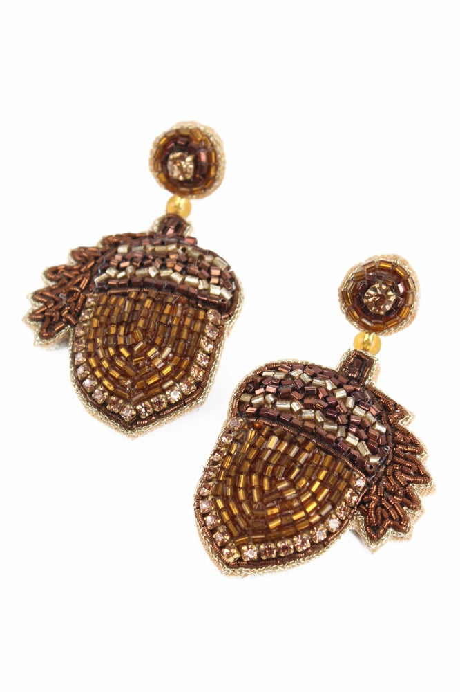 My Doris Acorn Beaded Drops earrings featuring beaded acorn designs hanging from delicate hooks.