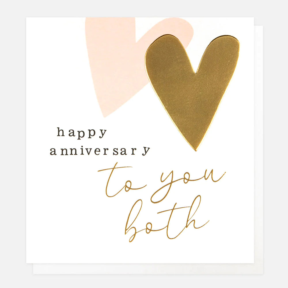 Gold heart anniversary card by Caroline Gardner with "To You Both" message, featuring elegant design and festive details.