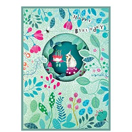 Cinnamon Aitch Alice's Garden Happy Birthday card with blue "V" design from Cornucopia Home and Gift, featuring colorful floral artwork.