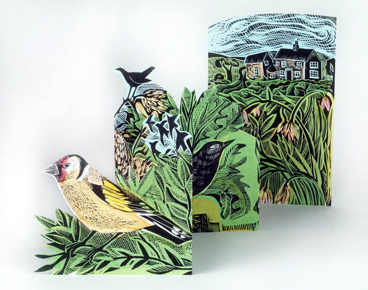 Colorful Garden Birds 3D art card from Art Angels by Cornucopia Home and Gift, featuring detailed bird illustrations on textured cardstock.