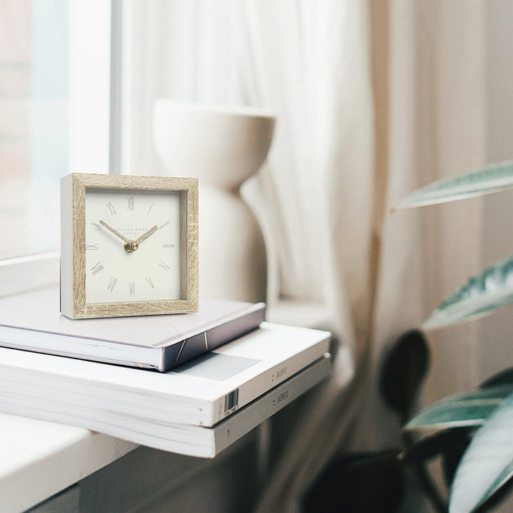 Decorative 5-inch Nordic mantle clock by Cornucopia Home and Gift featuring a sleek tofu-inspired design.