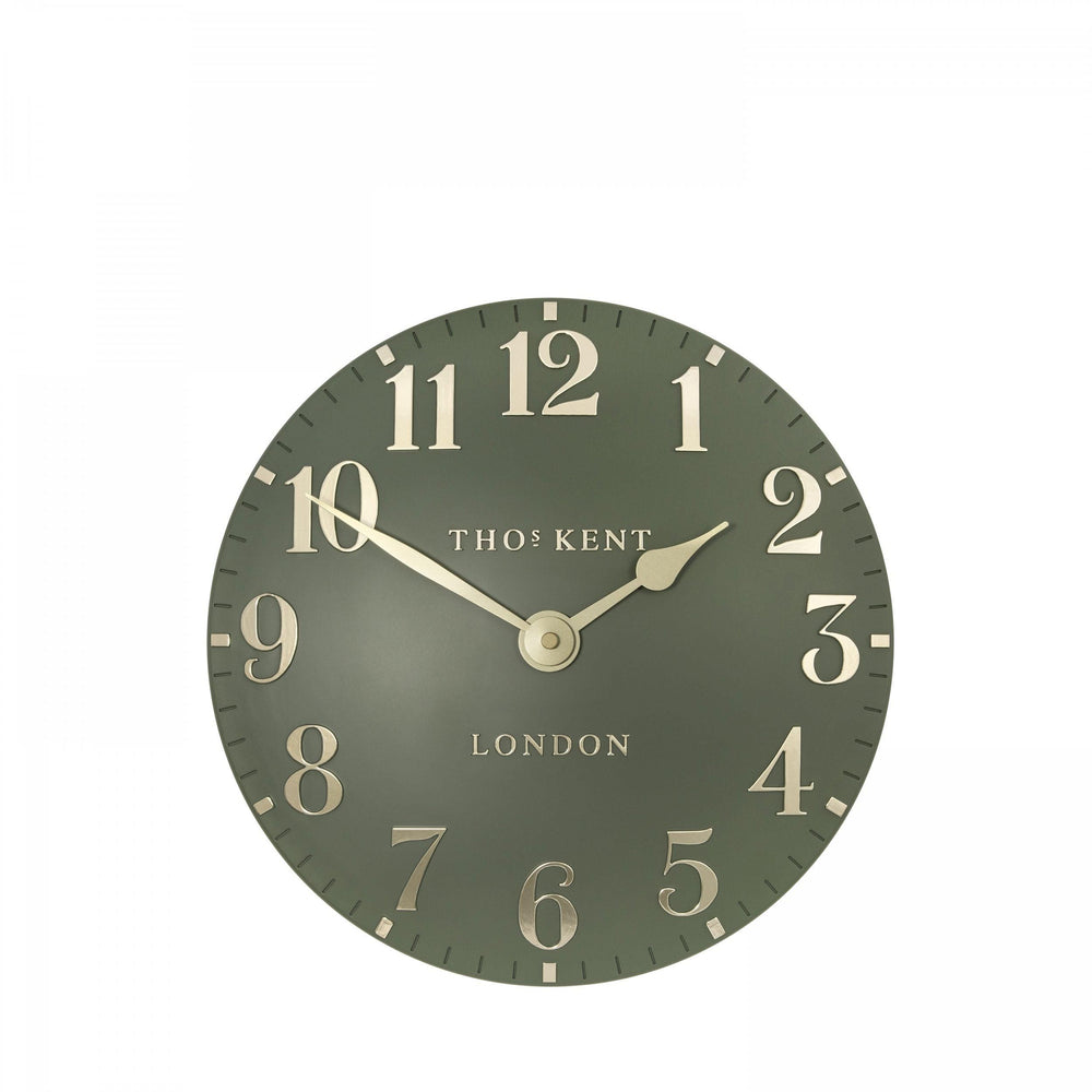 Lichen green 12-foot Arabic wall clock by Cornucopia Home and Gift, featuring bold Arabic numerals and modern design.