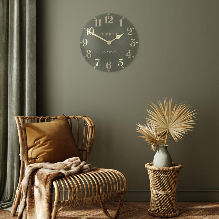 20 Inch Arabic Lichen Green Wall Clock by Cornucopia Home and Gift, featuring a stylish art marketing design with Arabic numerals.