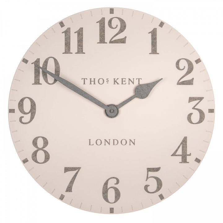 20-foot Arabic wall clock in shy pink by Cornucopia Home and Gift, featuring bold Arabic numerals and a modern decorative design.