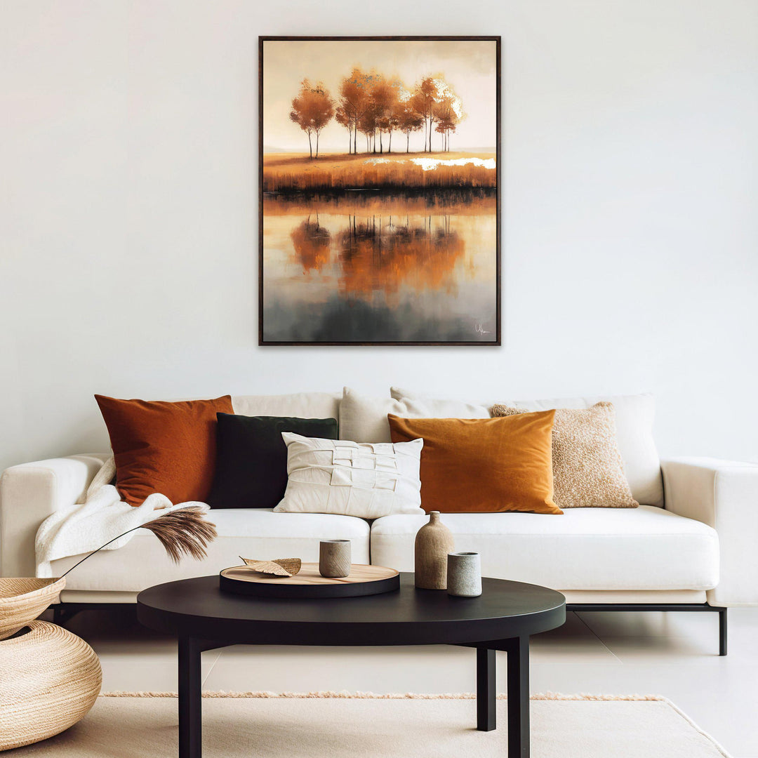Golden Treeline artwork from Cornucopia Home and Gift, vibrant nature-inspired art marketing image featuring golden treeline scene.