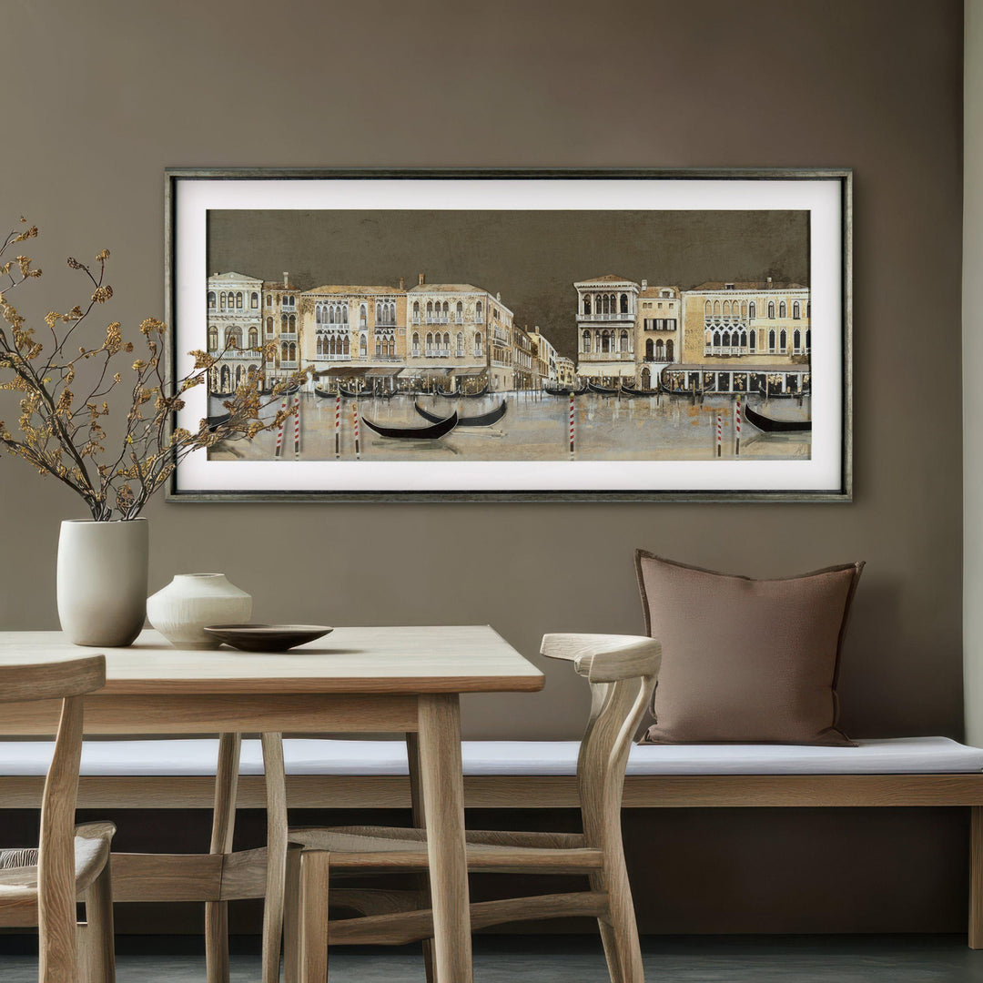 Venetian Nights artwork by Cornucopia Home and Gift, showcasing vibrant cityscape with historic architecture and colorful lights.