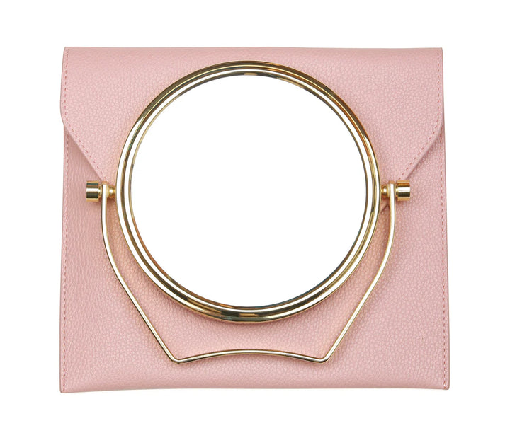 Pink Alice Wheeler travel mirror with protective case, compact and stylish for on-the-go grooming and reflection.