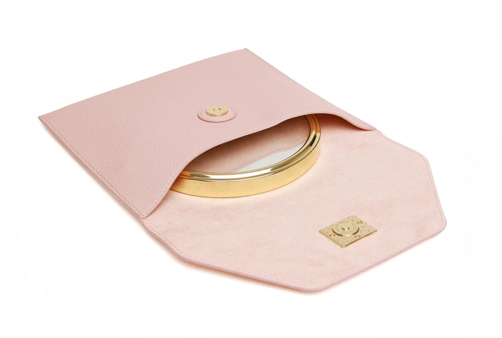 Open Alice Wheeler travel mirror with pink case, compact and lightweight for easy packing and on-the-go grooming.
