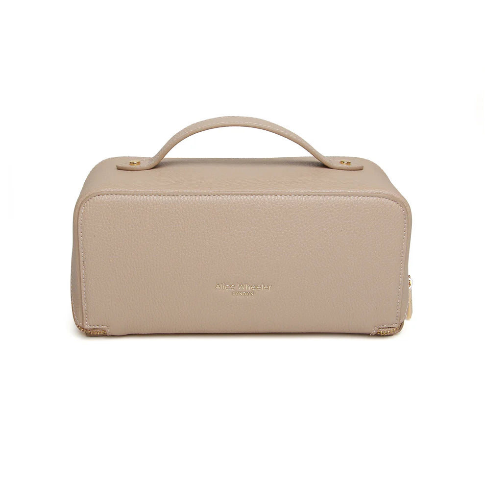 Alice Wheeler Stone Mini Train Case, compact makeup storage with stone finish, featuring a sturdy handle and secure clasps