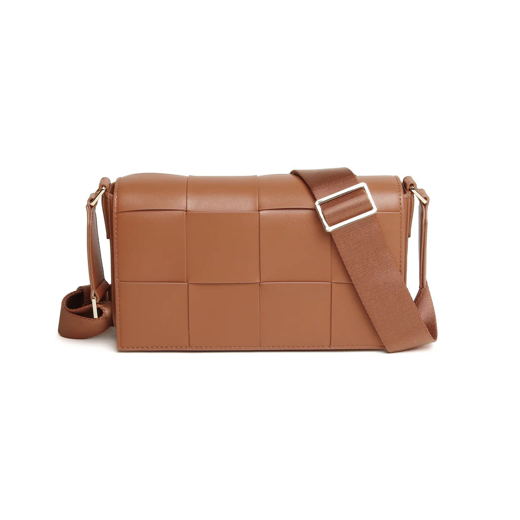 Alice Wheeler Lisbon Cross Body Bag in tan leather with adjustable strap and gold-tone hardware.