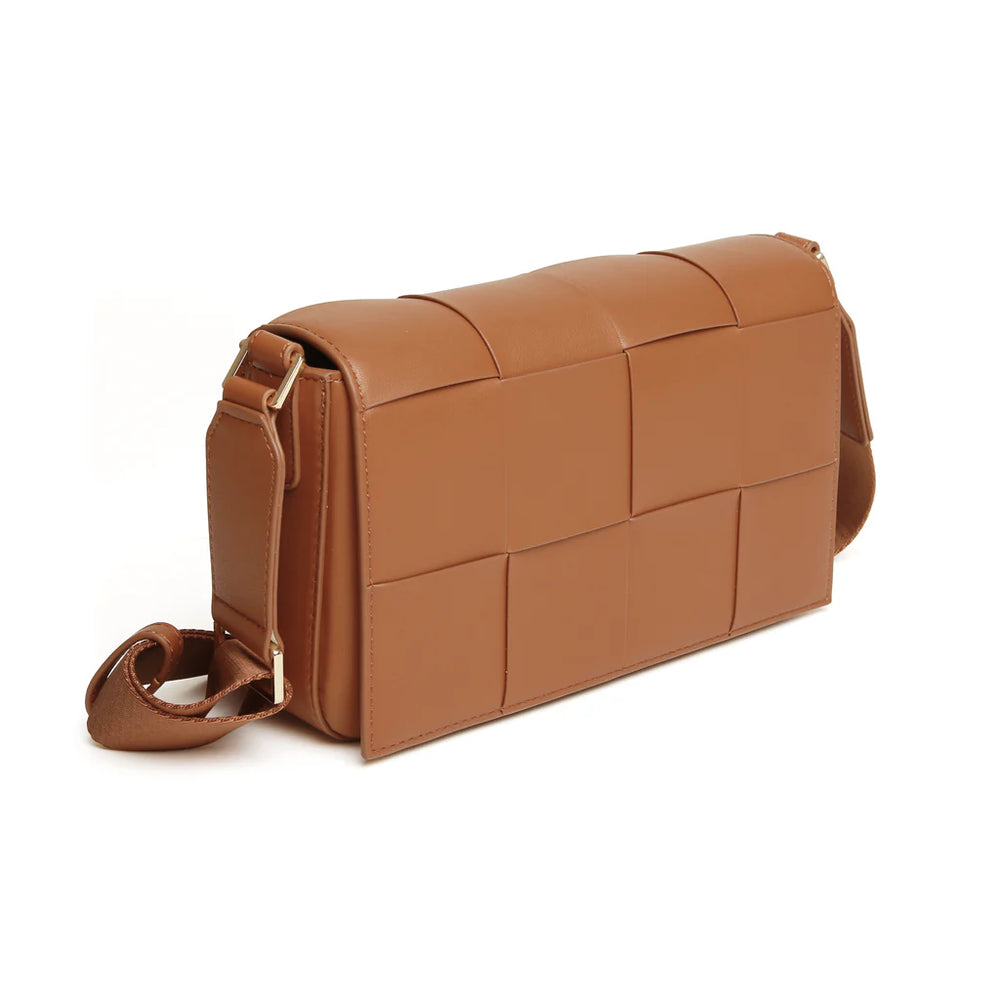 Tan Lisbon Cross Body Bag by Alice Wheeler, featuring a stylish compact design and adjustable strap, shown in the product image.