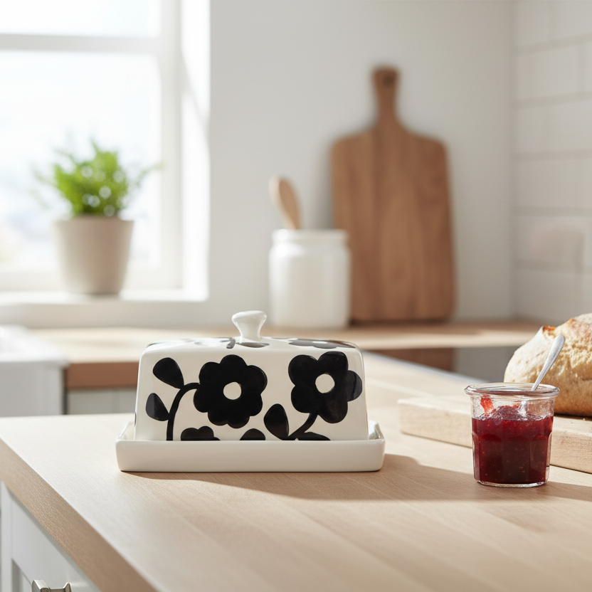 A white ceramic butter dish with a matching lid, decorated with bold black floral patterns, shown on a plain white background.