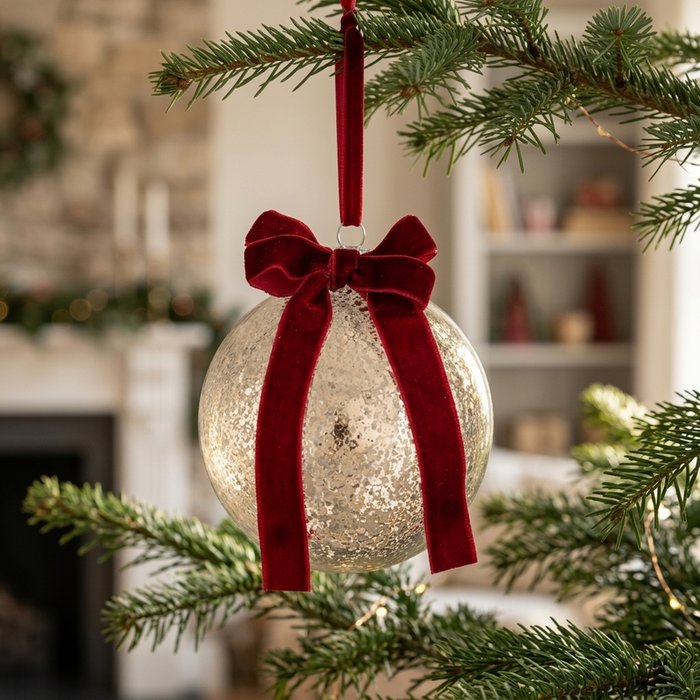 White Glass Christmas Bauble with Red Bow - 10 cm
