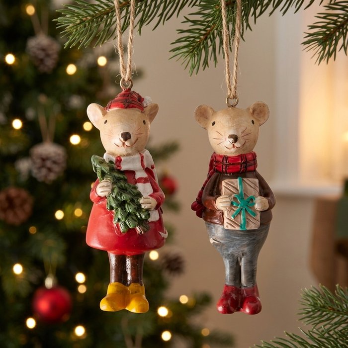 Hand-Painted Christmas Mouse Decoration - 7 cm
