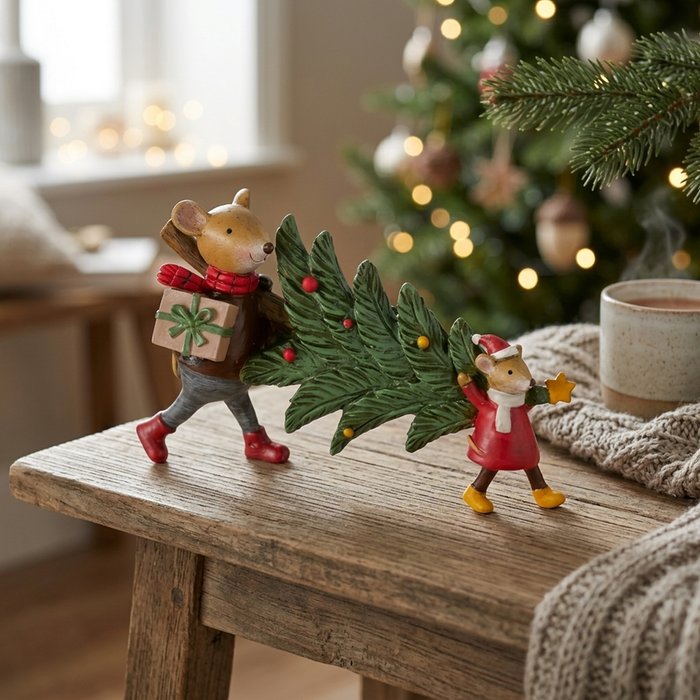 Mouse Carrying Christmas Tree Figurine