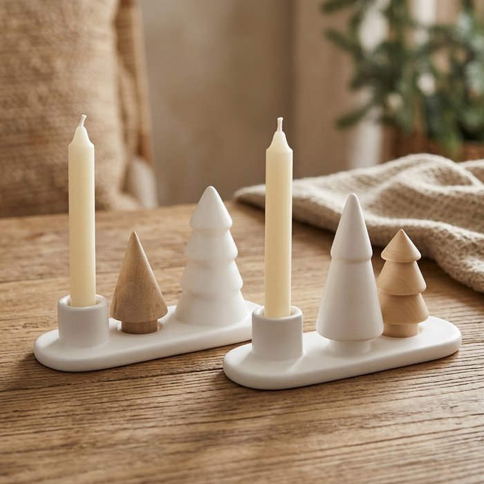 Porcelain and Wood Christmas Tree Taper Candle Holder