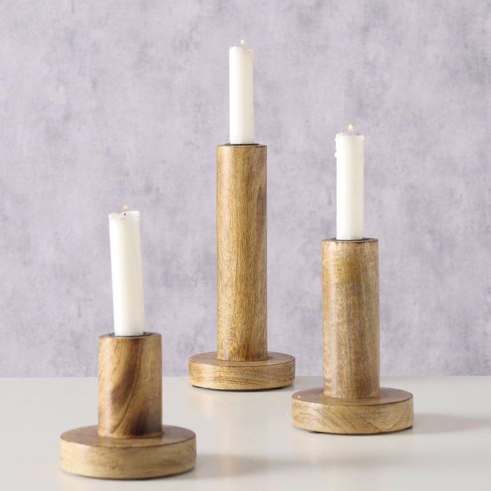 Small Mango Wood Candle Holder from Boltze Christmas by Cornucopia Home and Gift, featuring a rustic wooden design with a candle inset.
