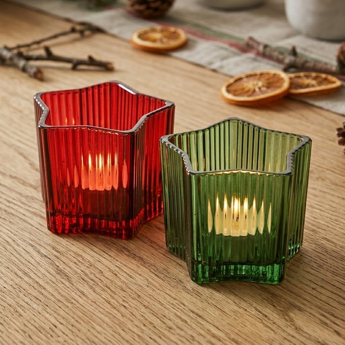 Star Glass Candle Holder - Green or Red