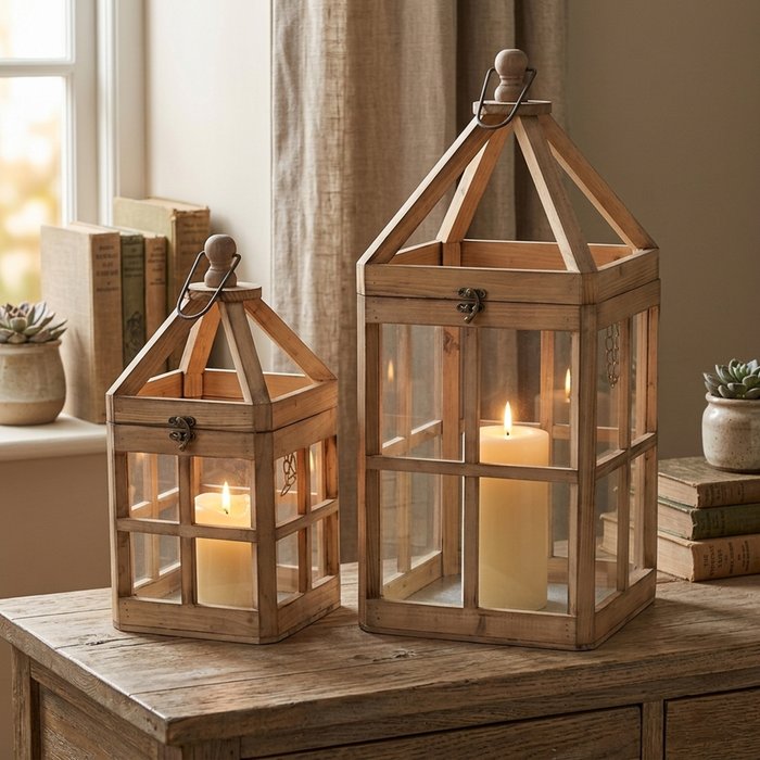 Torre Square Wooden Indoor Lanterns - Set of 2