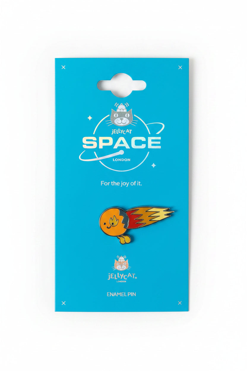 Jellycat space-themed enamel pin on a blue card with brand logo.