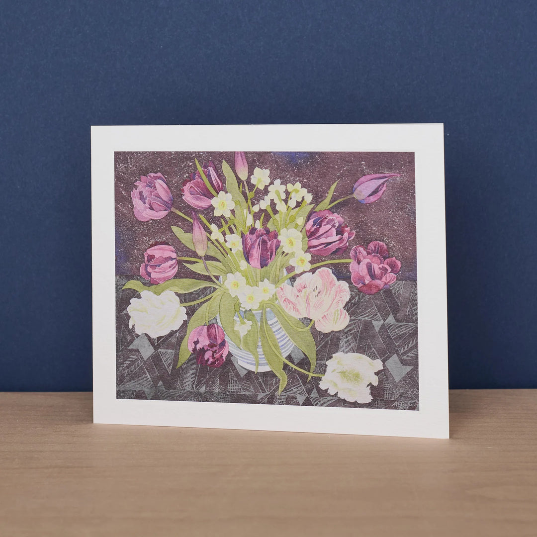 Art Angels Sandler mug with tulips and narcissi design paired with a Tulips card by Cornucopia Home and Gift, featuring Angie Lewin artwork.