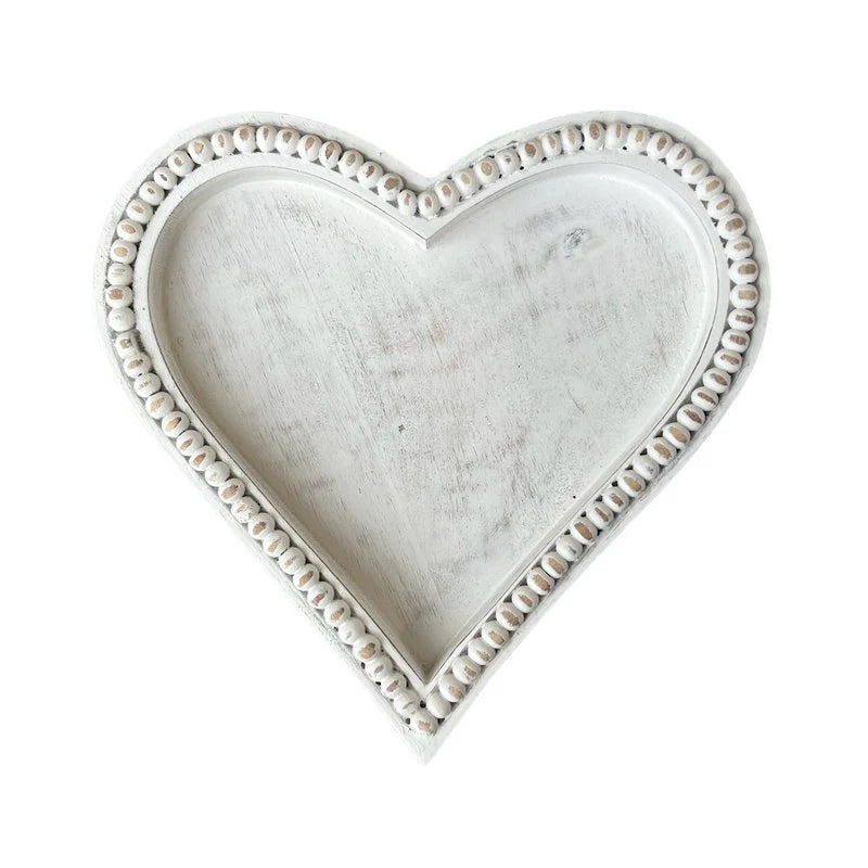 Medium heart-shaped beaded tray made of mango wood by Cornucopia Home and Gift, featuring antique white beads and intricate design.