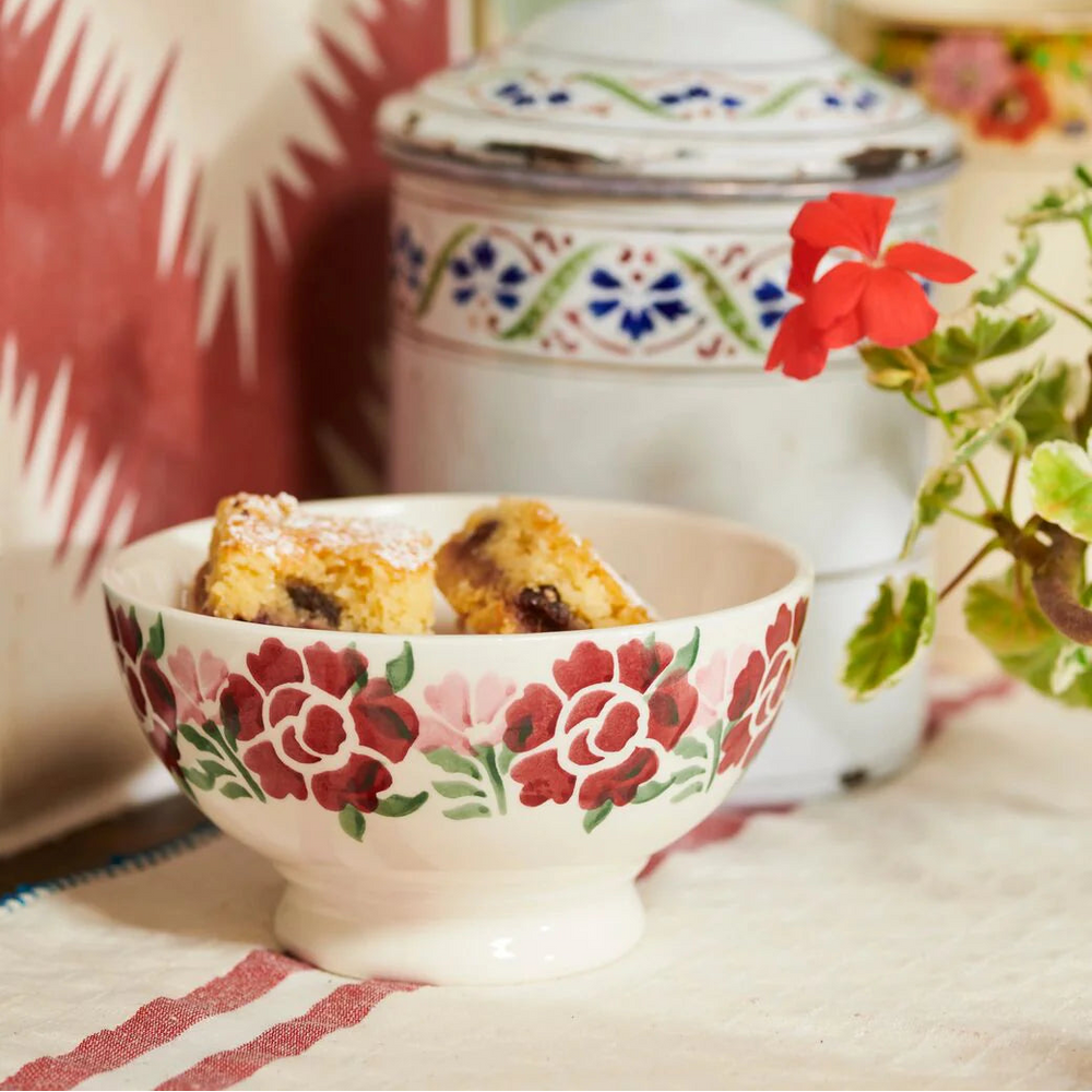 Emma Bridgewater Flowers Antique Roses French bowl with floral pattern and antique rose design, showcasing elegant ceramic craftsmanship.