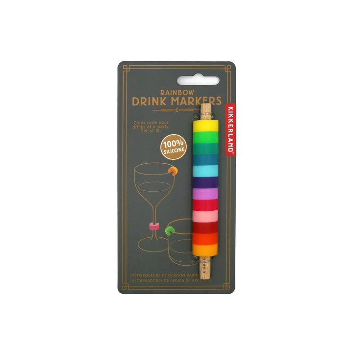 Colorful rainbow drink markers by Kikkerland, featuring vibrant silicone designs for decorating and identifying beverages.