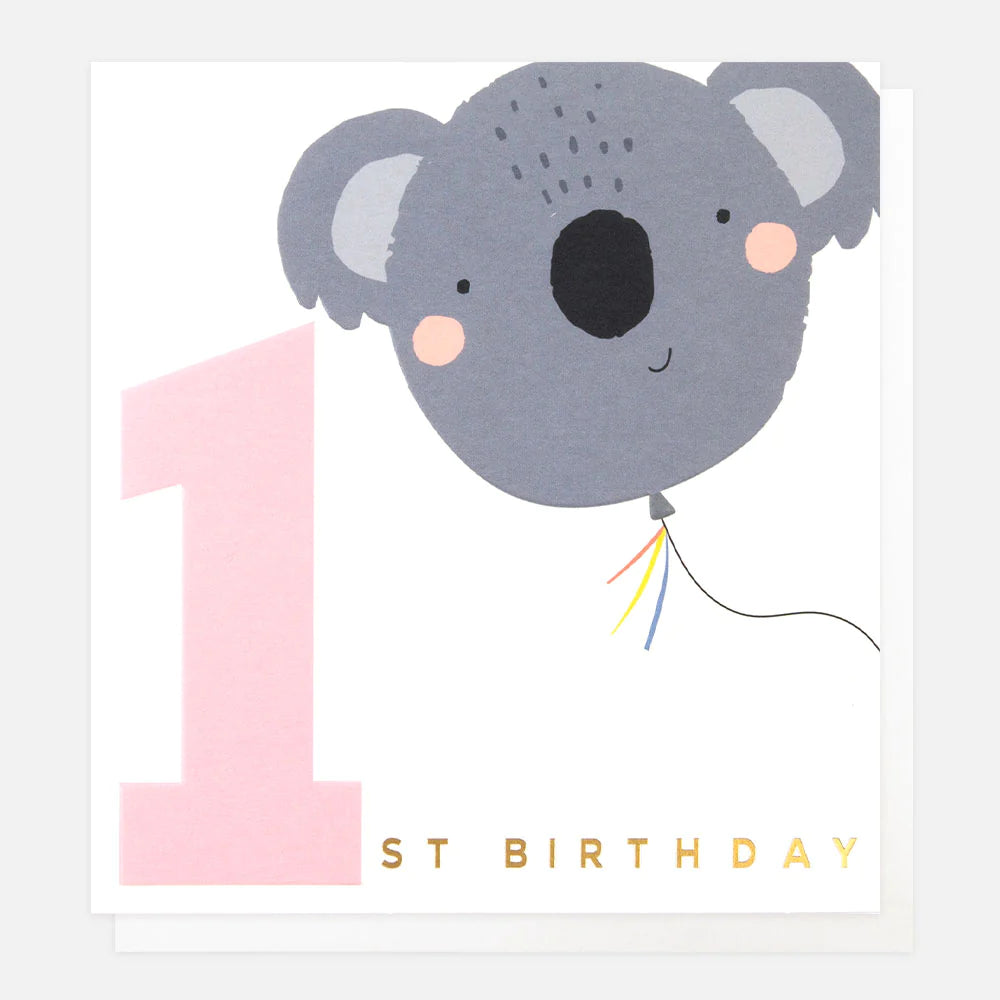 Caroline Gardner 1st birthday koala card featuring a cute illustrated koala with colorful birthday elements.