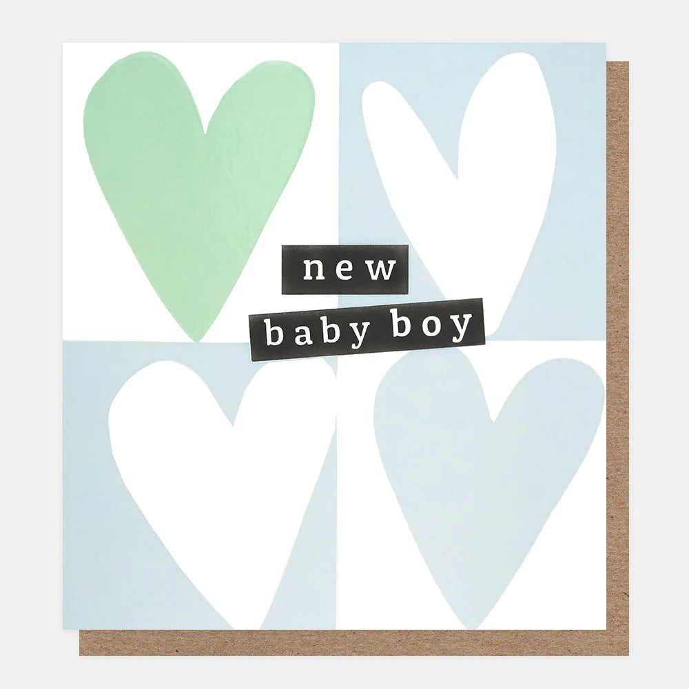 New baby boy blue and white heart grid card by Caroline Gardner, featuring charming heart patterns on a soft card stock.