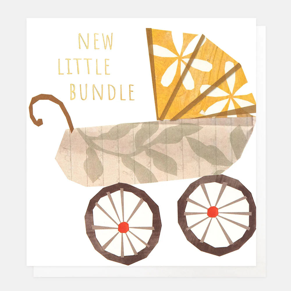 Caroline Gardner Little Bundle Collage Pram Card featuring colorful illustrations of baby items on a white background.