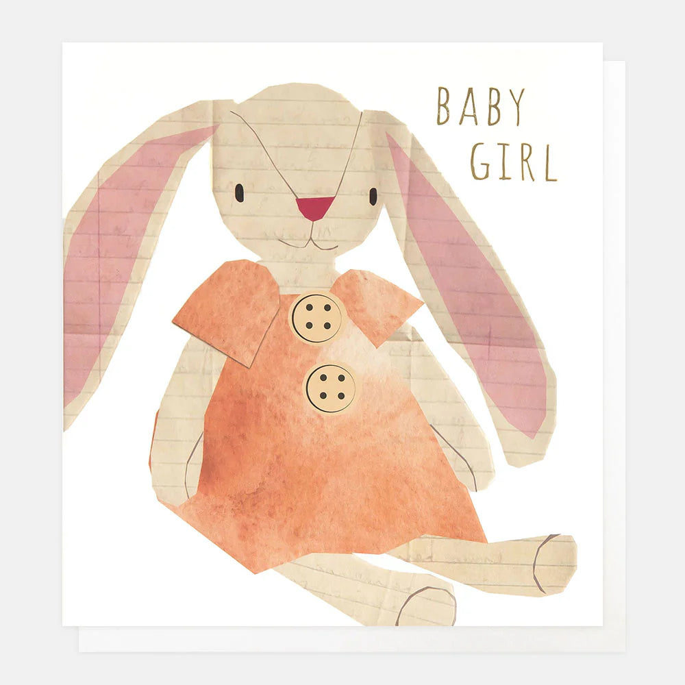Caroline Gardner baby girl collage rabbit card featuring adorable pastel illustrations on white background.