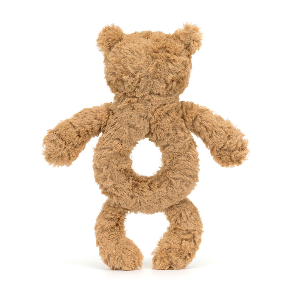 Jellycat Bartholomew Bear Ring Rattle with soft plush bear and colorful ring, perfect for infants and teething comfort.