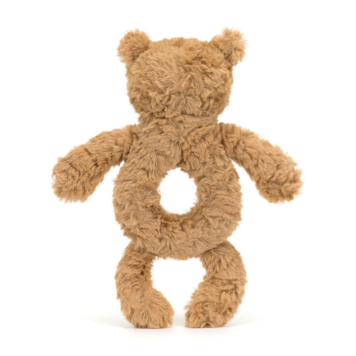 Jellycat Bartholomew Bear Ring Rattle with soft plush bear and colorful ring, perfect for infants and teething comfort.