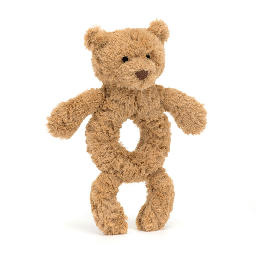 Jellycat Bartholomew Bear ring rattle with soft plush fabric and a friendly bear face for infants and young children.