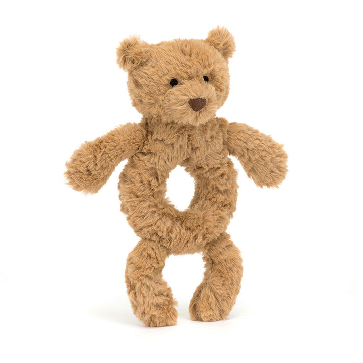 Jellycat Bartholomew Bear ring rattle with soft plush fabric and a friendly bear face for infants and young children.