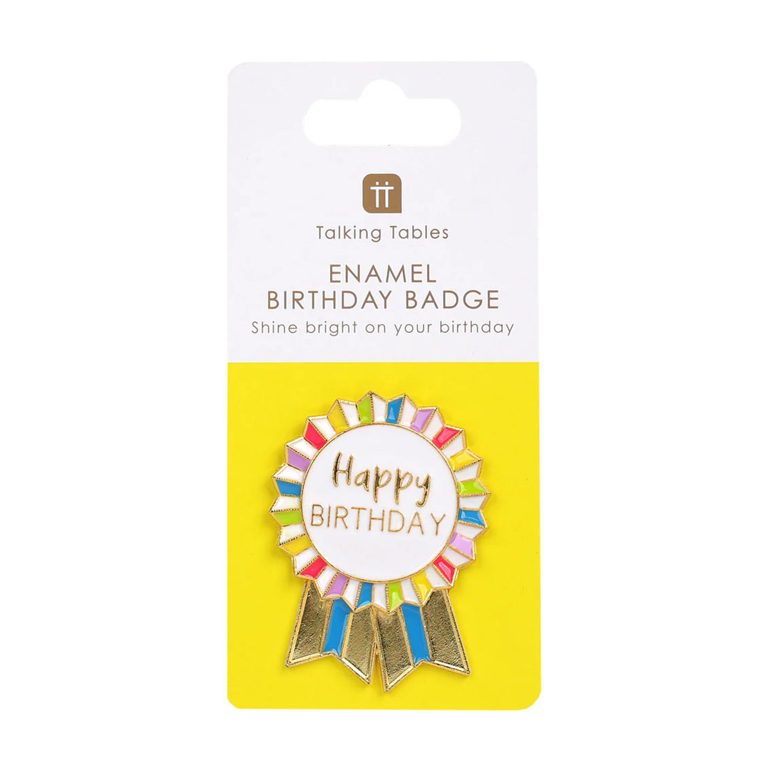 Colorful enamel "Happy Birthday" badge by Talking Tables, featuring vibrant design and metal badge backing.