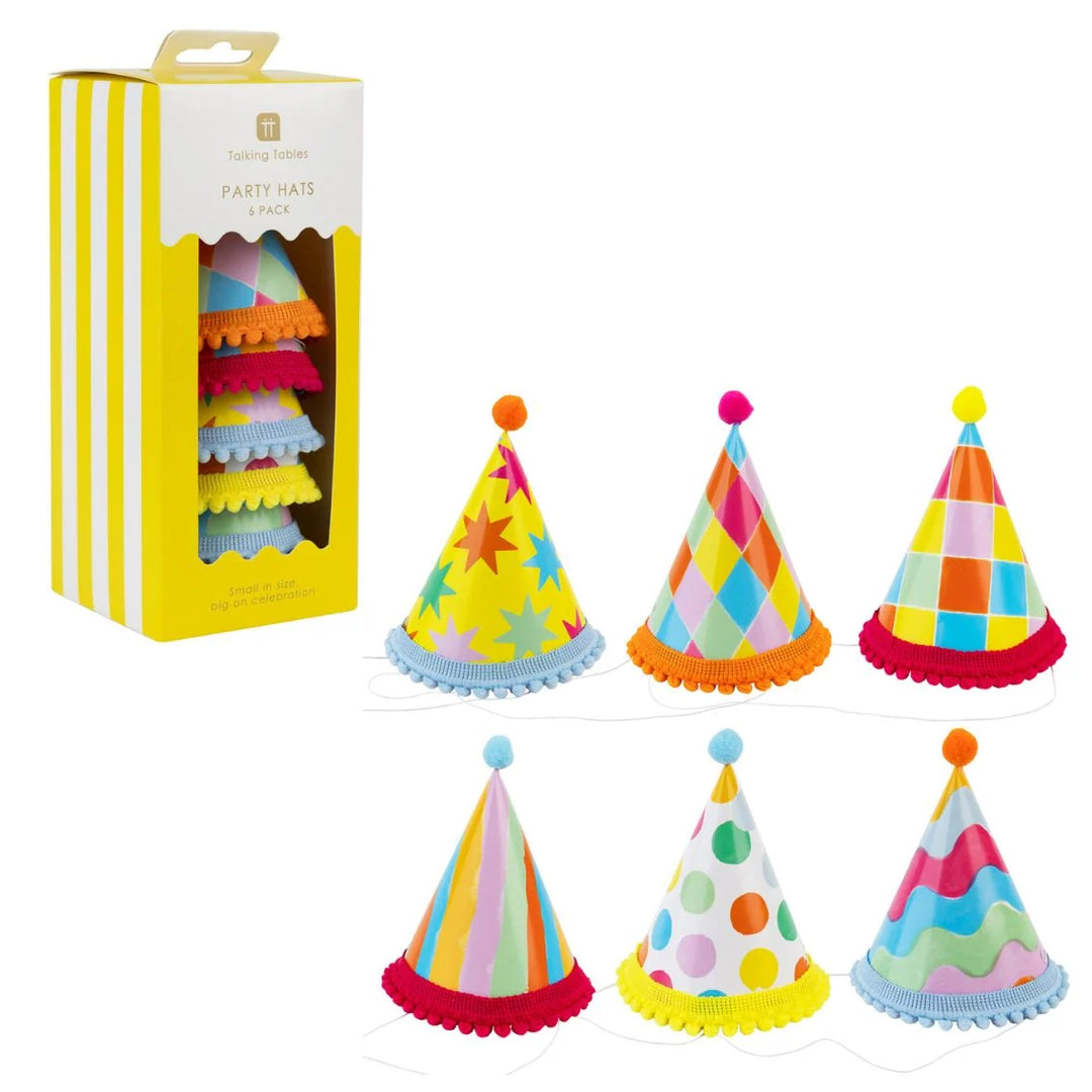 Multicoloured Mini Party Hats with Pom Poms - Pack of 6