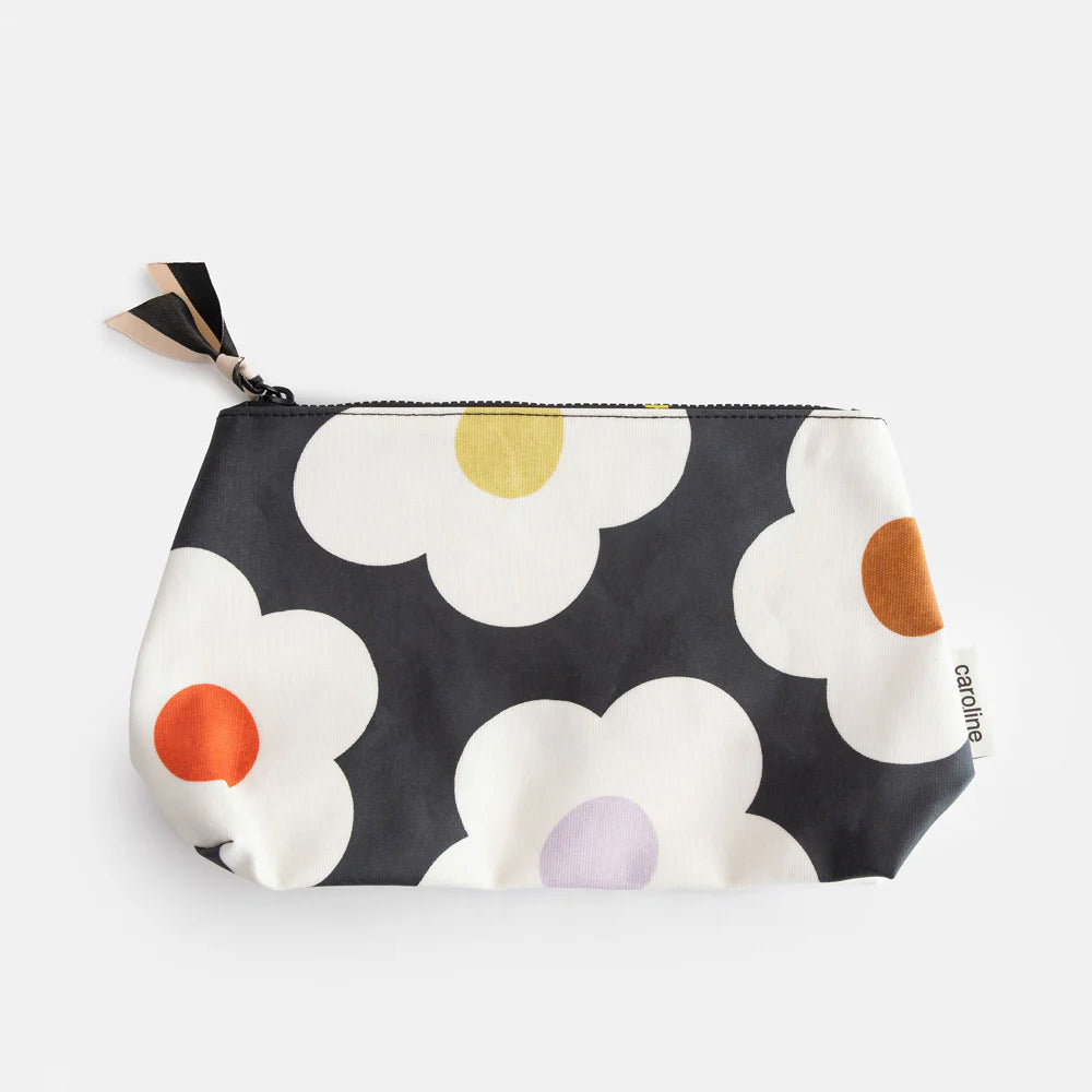 Caroline Gardner multi-flower charcoal coated canvas beauty bag with floral pattern, ideal for gifts and travel storage.