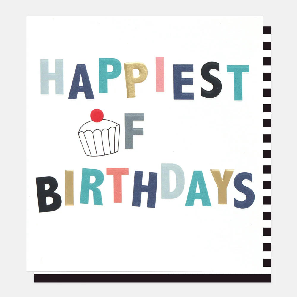 Caroline Gardner Best Wishes Happiest of Birthdays greeting card with colorful floral design and elegant lettering.