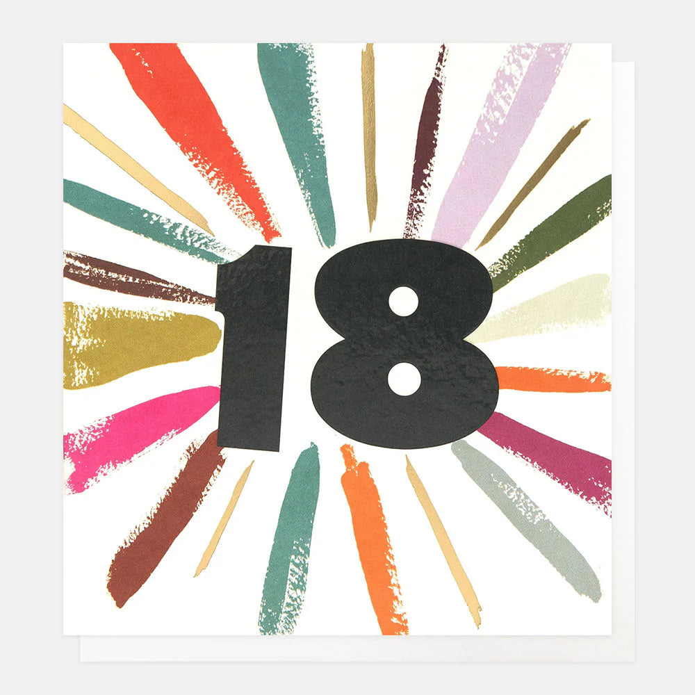 Colorful Caroline Gardner Age 18 Birthday Multicolour Burst card featuring vibrant design and bold celebration text.